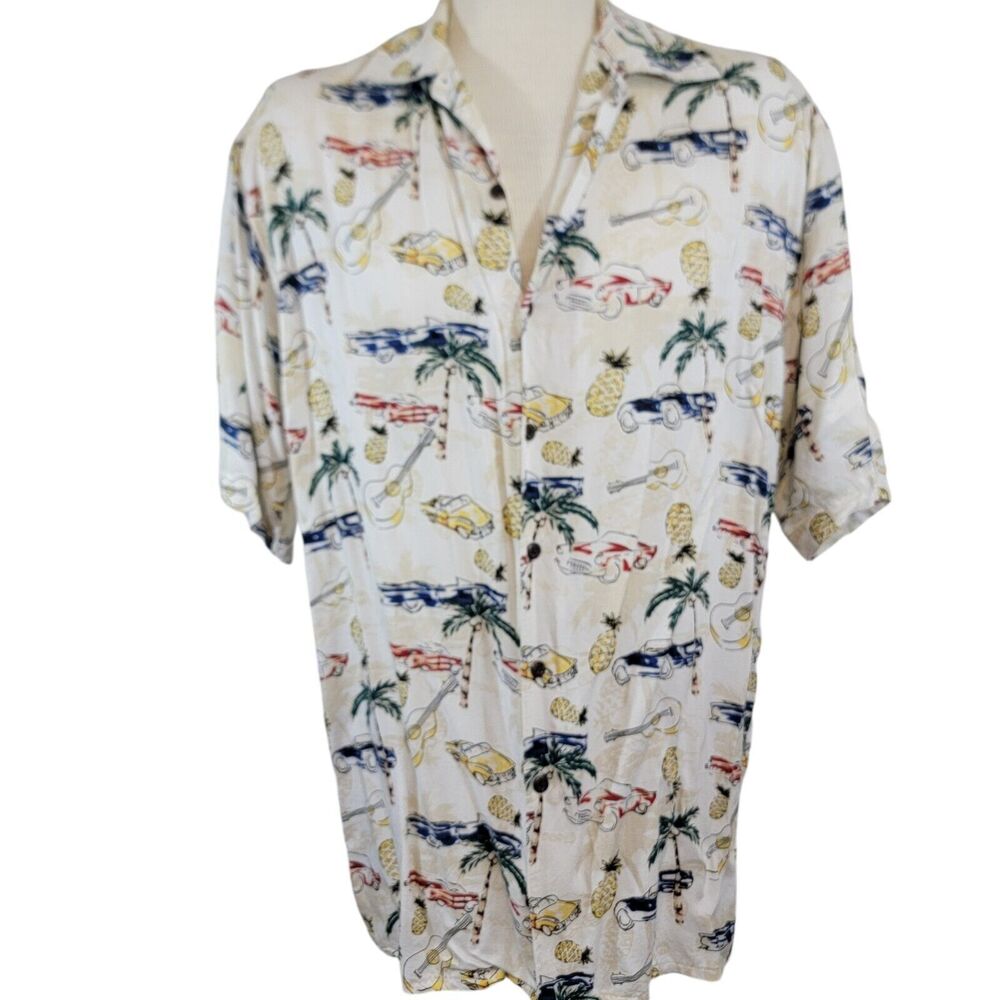 Natural Issue Shirt Mens Medium Cream  Hawaiian Button Classic Cars Pineapple
